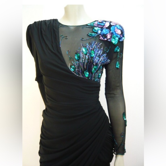 Vtg Casadei Black Sheer Sequin Beaded 80's Glam Ruched Draped Cocktail Dress 8 - Picture 2 of 6